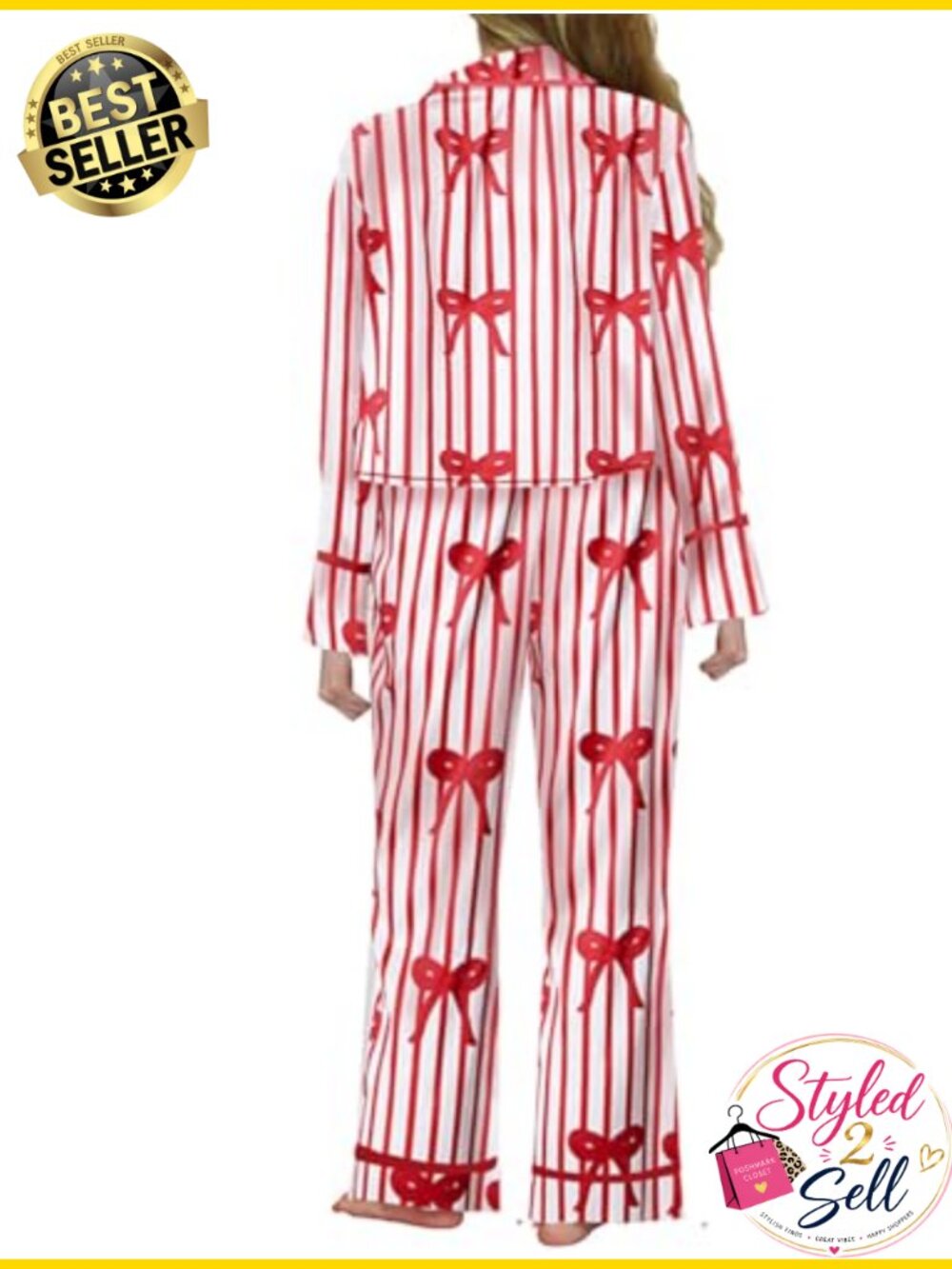 Satin Silk Bow Pajama Set Long Sleeve Button Down 2 Piece Sleepwear - Picture 1 of 2